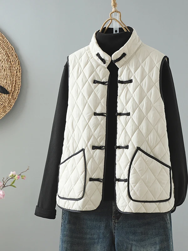 

Новая женская хлопковая жилетка в китайском стиле с ромбовидным узором, осенне-зимняя, с воротником-стойкой, на пуговицах, теплая, для ношения под одеждой
