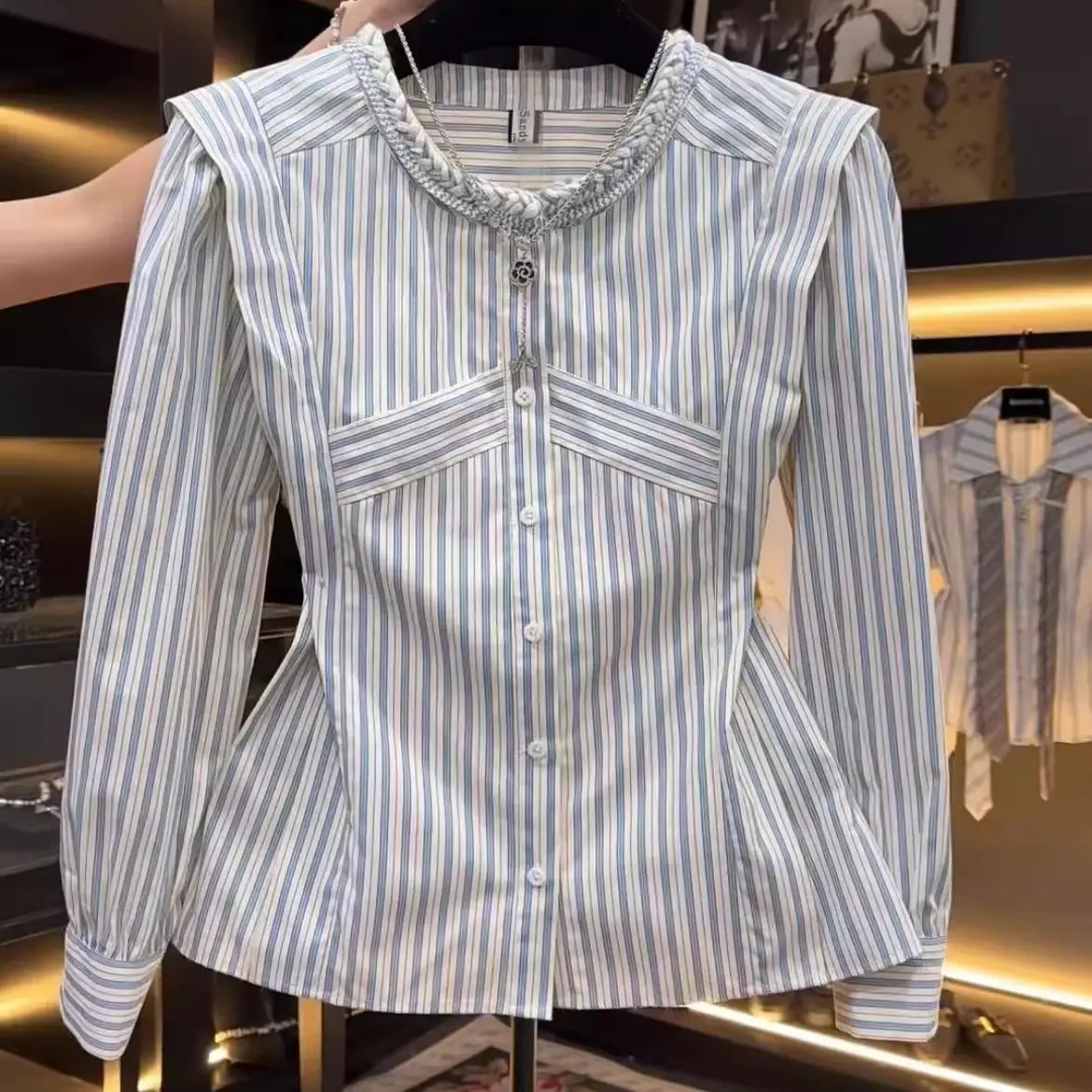 French Striped Shirt Women - Round Neck Color Block Long Sleeve Blouse, Fall Slim Fit Button Down Top, Y2K Minimalist Chic Blous