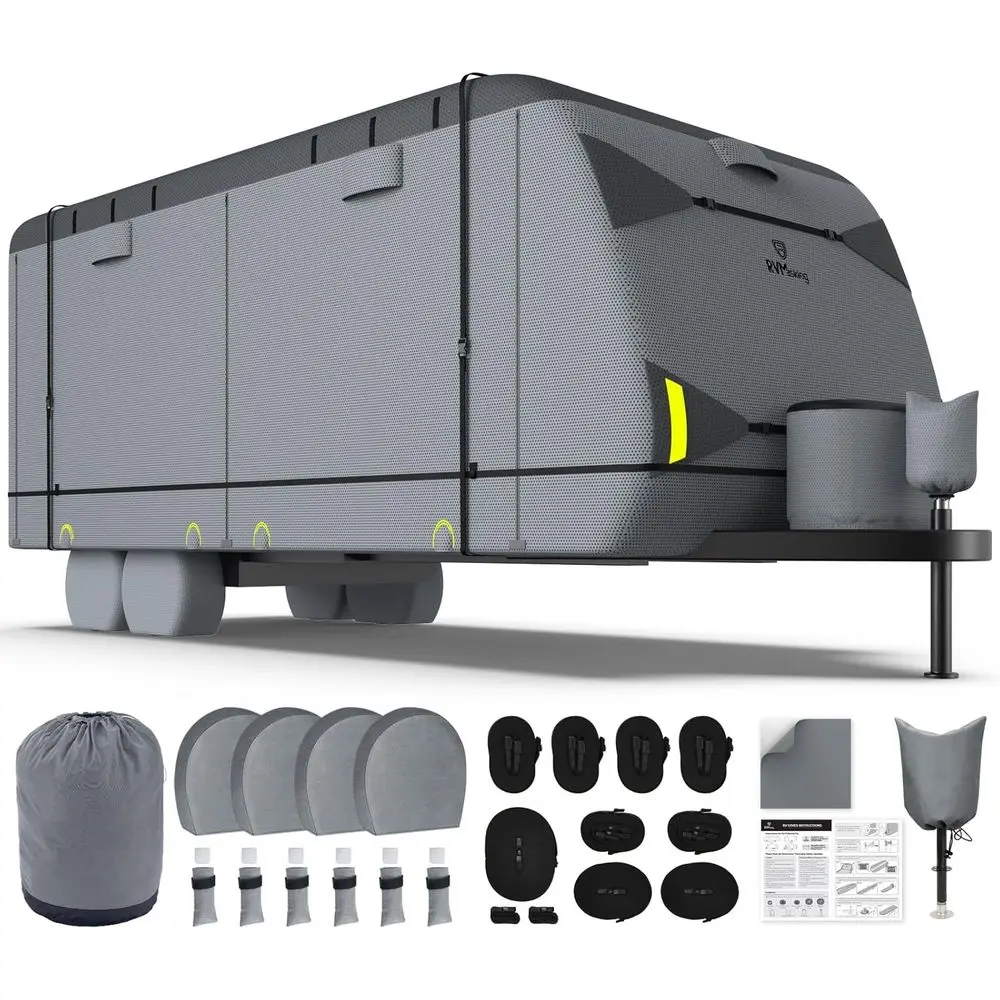 

Чехол для туристического прицепа на колесах длиной 15–18 футов, 7-слойный, очень толстый, водонепроницаемый, ветрозащитный, для игрушечной яички с 4 чехлами для шин и щипцами