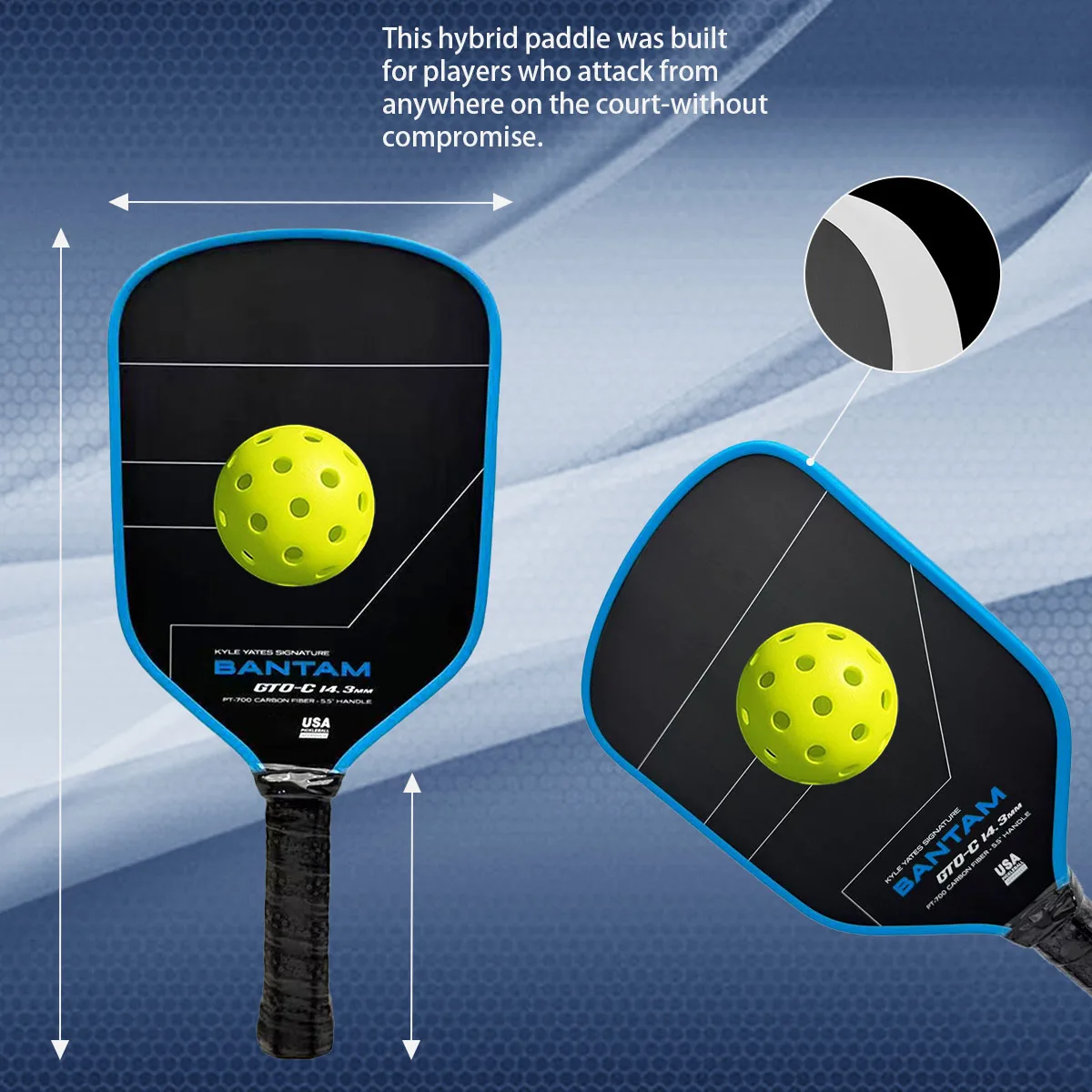 

Paddletek Bantam GTO-C 14,3 мм Pickleball Paddle Toray 700, лицевая сторона из углеродного волокна для Maximum Spin