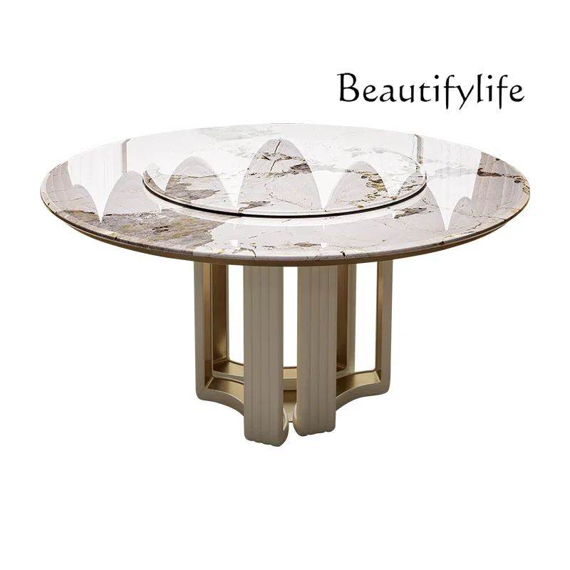 

Light luxury dining table and chair combination stainless steel postmodern marble high-grade rock slab luxury stone round table