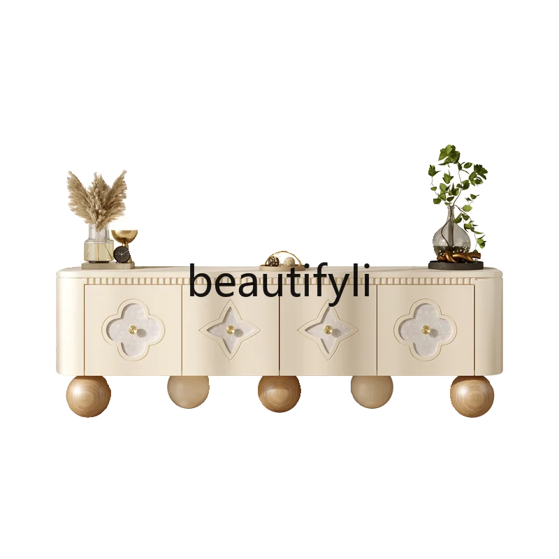 French light luxury TV cabinet, four-leaf clover, solid wood, round foot floor cabinet audio-visual