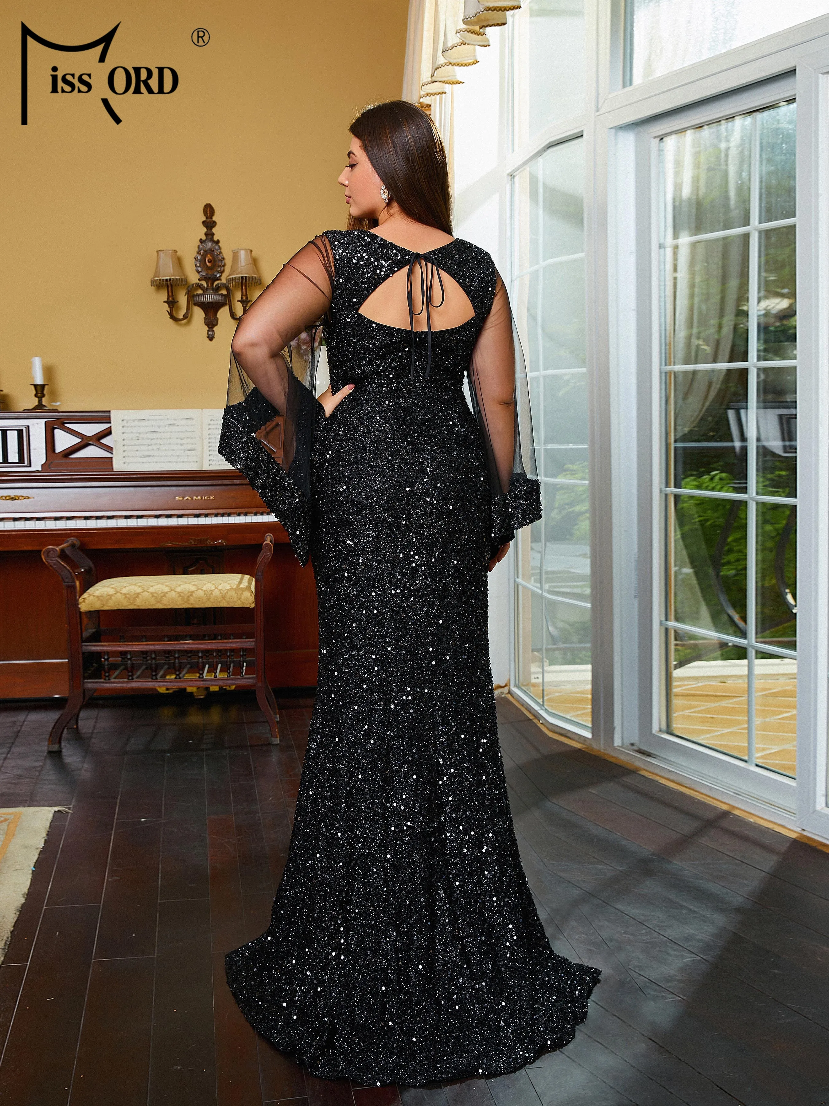 Missord Plus Size Square Neck Backless Bell Sleeve Mermaid Evening Dress