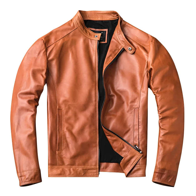 Chaqueta de piel auténtica para Hombre, abrigo Vintage de piel de oveja Natural, informal, naranja, primavera y otoño, 100%