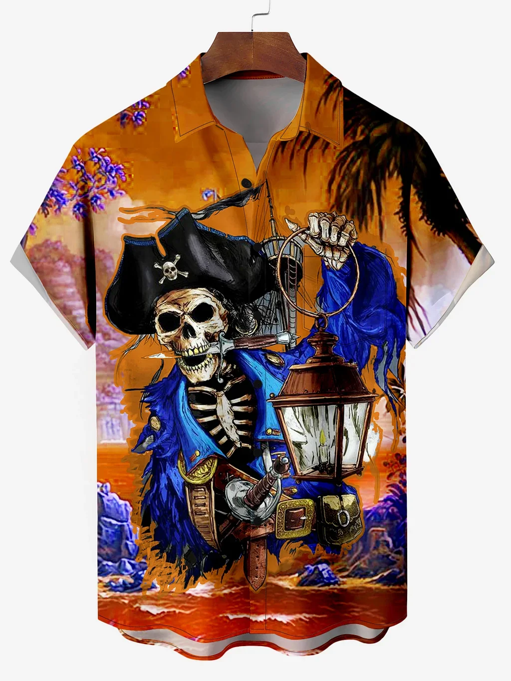 Men's Hawaiian Skeleton Pirate Captain Storm Sailing Cartoon Print Shirt Short Sleeve Shirt Summer Loose Beach Shirts For Boy