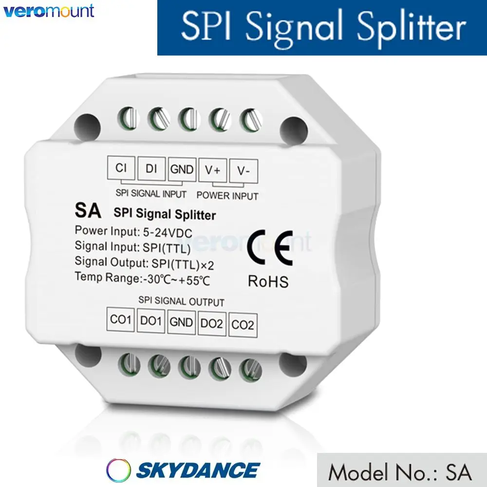 

Skydance SA SPI Amplifier TTL Dual Way Signal Splitter DC5V-24V DC12V 2 output For LED Digital Pixel RGB/RGBW Strip Lights