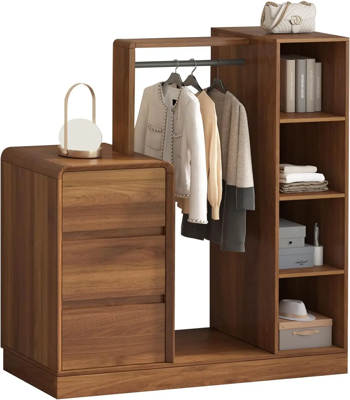 Dresser  for Bedroom with Clothes Rack&Bookhelf, Wood 3 Drawers with 4-Tier Bookcase，Clothing Rack with Drawers Storage Ches