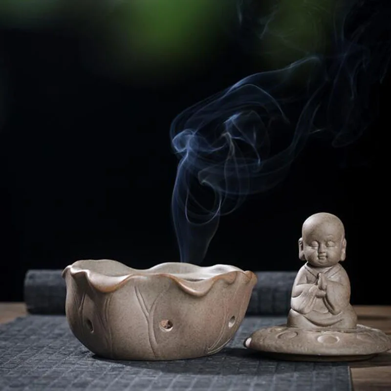 Chinese Style Chan Monk Lotus Base Smoking Backflow Incense Burner Sandalwood Incense Holder Indoor Fragrance Censer Home Decor