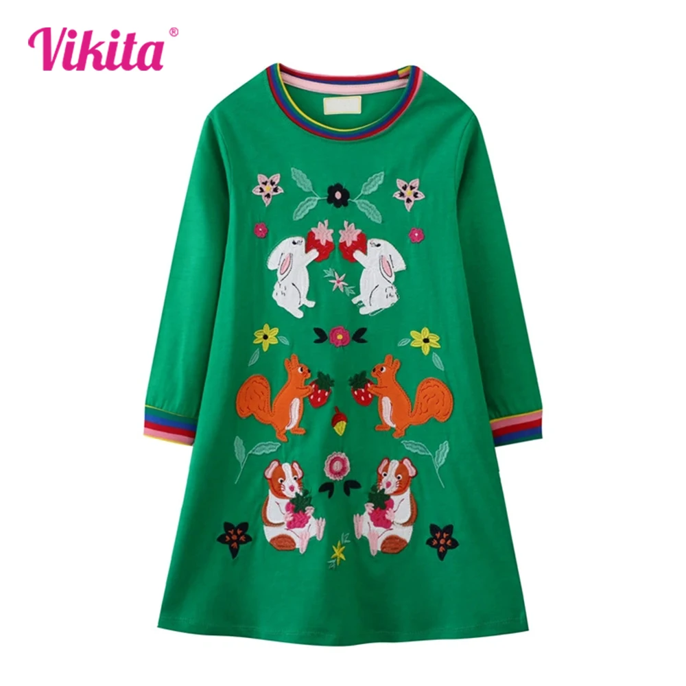 

VIKITA 2025 New Kids Cotton Casual Straight Dress Girls Squirrel Rabbit Floral Strawberry Cartoon Appliqued Green Daily Dresses