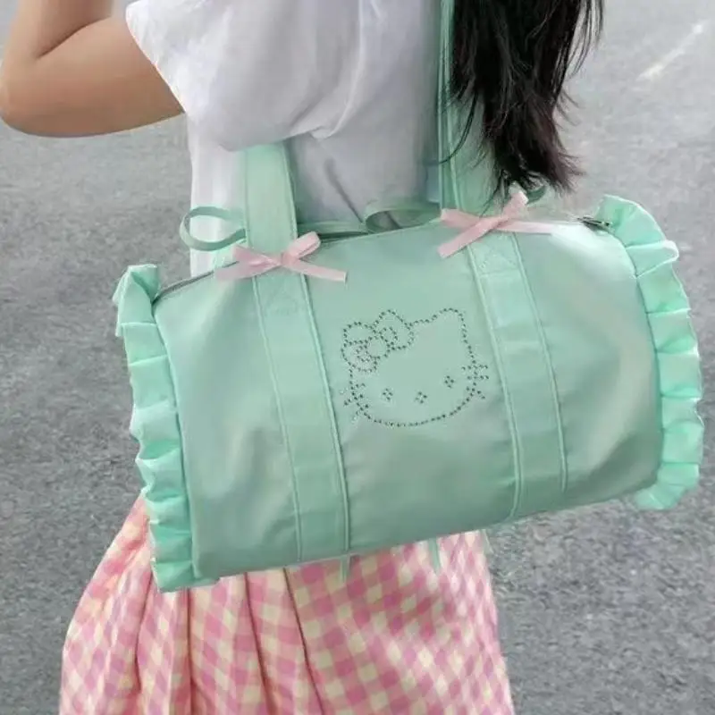 

Новая дорожная сумка Hello Kitty Light, большая вместительная дорожная сумка Kawaii Bow, сумка для хранения багажа, мятно-зеленая сумка, летняя сумка для девочек, подарок