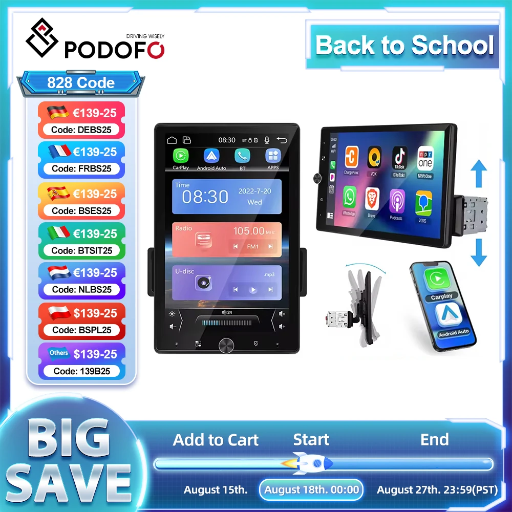 Hikity 10.4 ''Carplay Android Auto 1 Din Autoradio Rotazione Schermo Lettore Multimediale per Auto Bluetooth Ricevitore FM Specchio Link