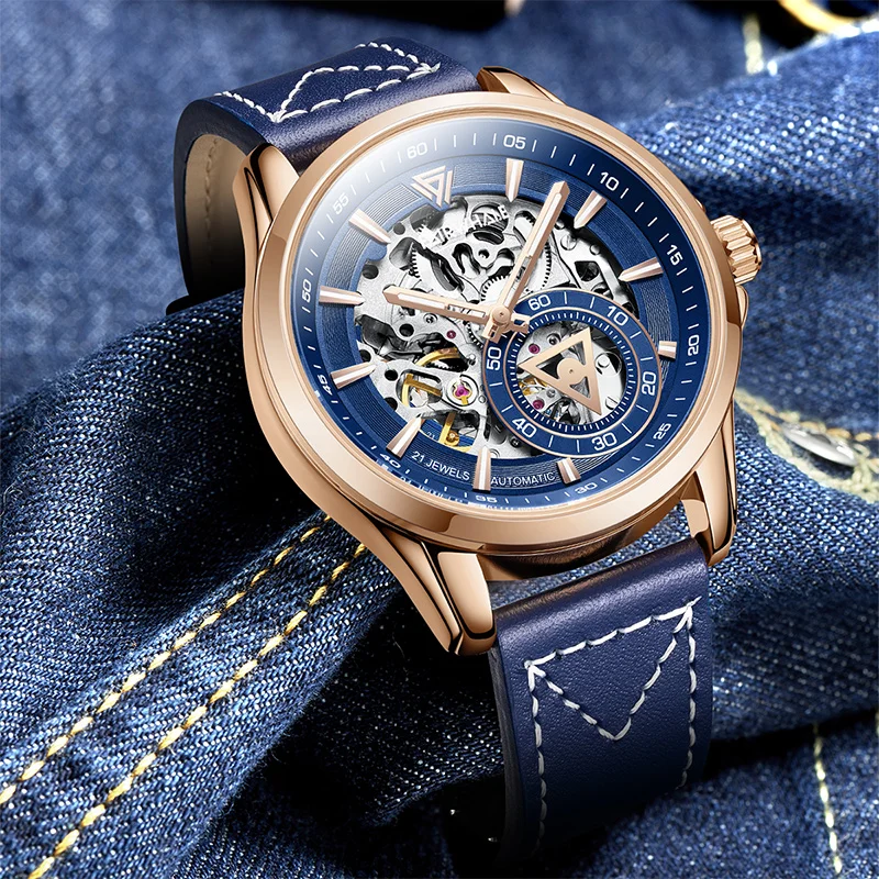 Mark Fairwhale Men Automatic Watch 42.5mm Mechanical Wristwatch Waterproof Luminous Skeleton Small Second Dial