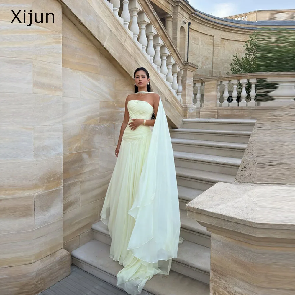 Xijun Baby Yellow Chiffon Evening Dresses Pleated Sleeveless A-Line Formal Prom Dresses Long Strapless Prom Gowns Customized