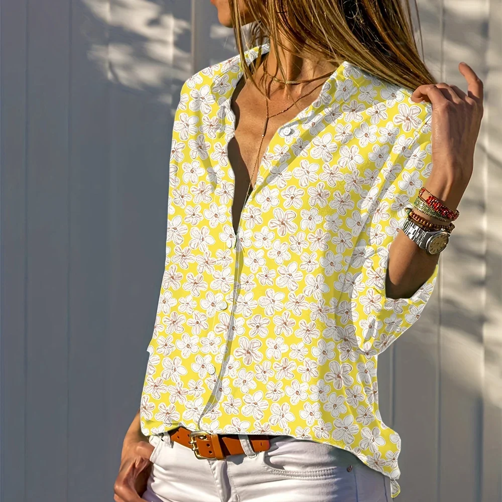 สตรีเสื้อแฟชั่นดอกไม้พิมพ์ดิจิตอลปุ่มเสื้อผู้หญิง PLUS-ขนาดง่ายสวมใส่ทุกวันฮาวายวันหยุดเสื้อลําลอง