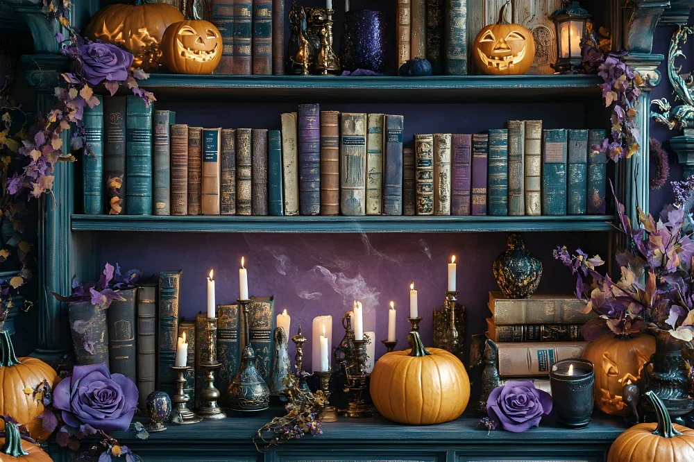 Halloween Retro Library Backdrop Witch Magic Cauldron Bookshelf Spooky Skull Pumpkin Kids Portrait Photography Background Decor