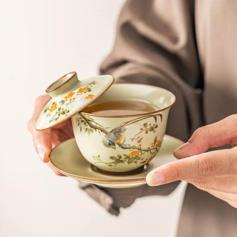 110ml Happy smile Ru Kiln hovering three Gaiwan kung fu tea set tea set teapot tea ceramic teacup