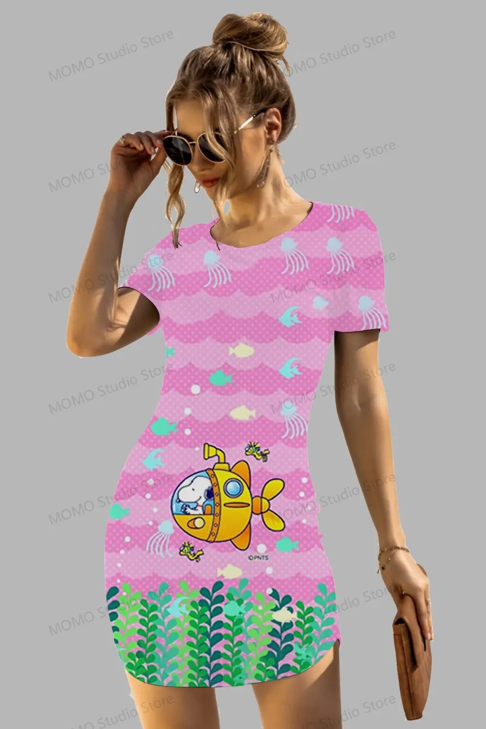 Women's Short Sleeve Hip  Dresses Kawaii Snoopy O Neck 2024  S-3XL Y2k Spicy Girl Dress Summer Boho Fashion New Elegant