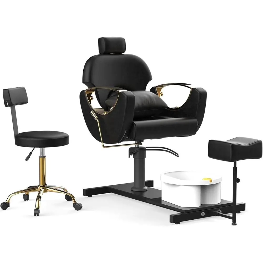 Hydraulic Adjustable Reclining Pedicure Chair with Massage Foot Bath and Pillow - Black