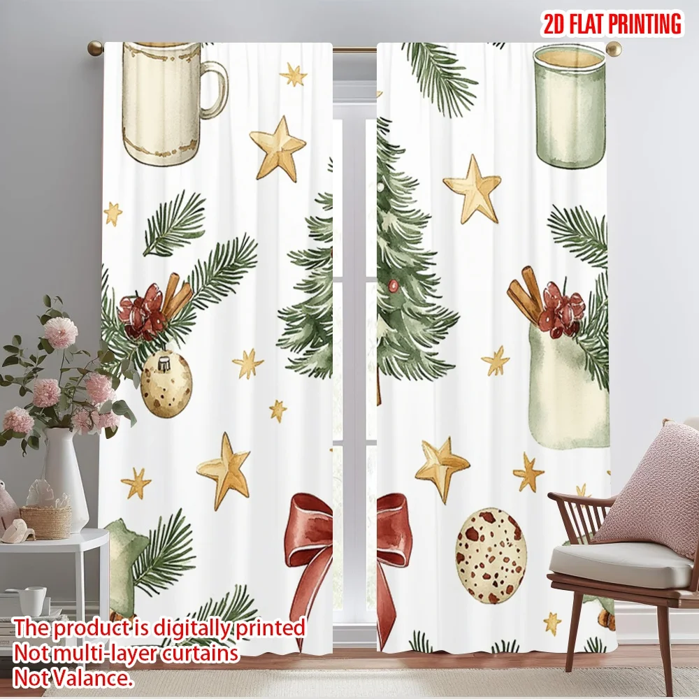 2pcs,2D plane printing Contemporary Curtains Christmas Tree Hot Chocolate Stars Versatile 100% Polyester (without rod)