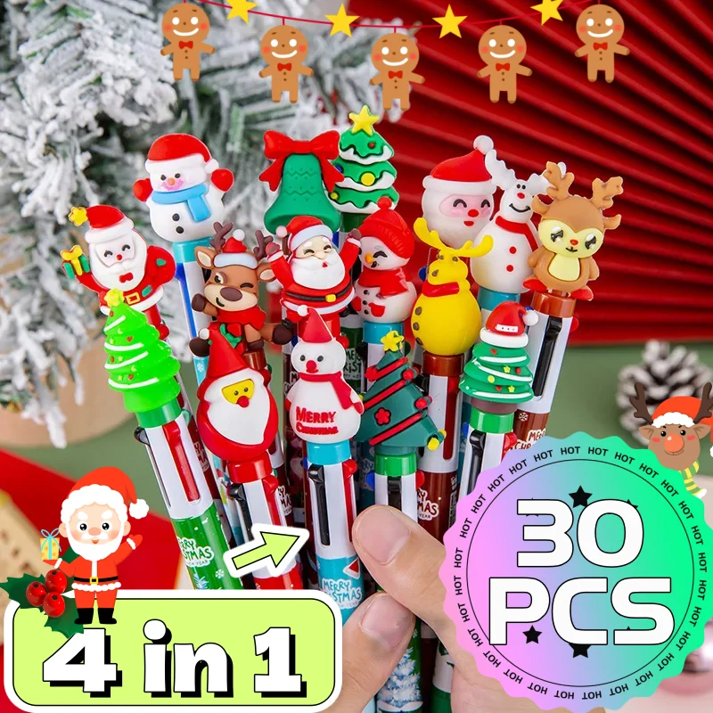 30Pcs Christmas Ballpoint Pen 4-In-1 Color Pen Christmas Tree Santa Claus Snowman Student Festival Gift School Stationery Gift