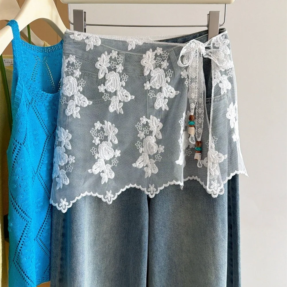 Trendy Jeans Decor Lace Fart Curtain Pretty Y2K Women's Hip Curtain Slim Fit Versatile Apron Wrap Skirt Summer