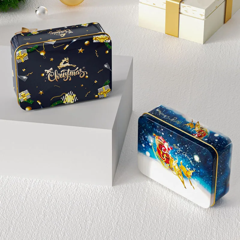 Christmas Square Tinplate Candy Box Empty Cookie Storage Tin For 2024 Xmas Candy Biscuit Bag Party Treat Gift Packaging Decorate