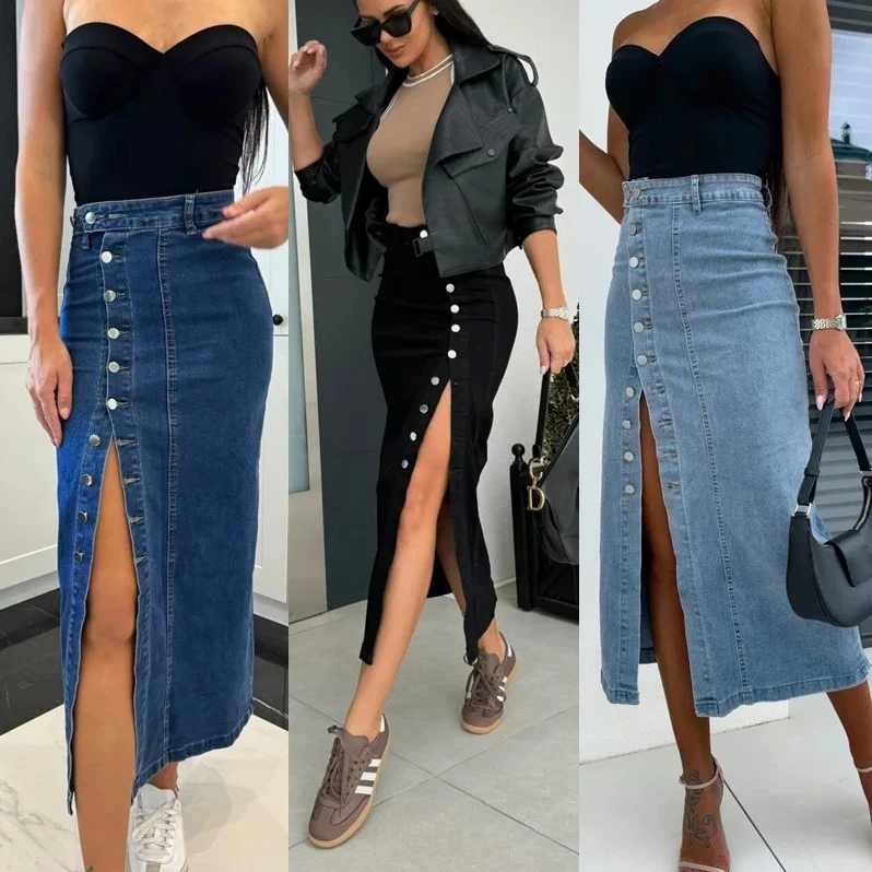 

Vintage Women Denim Skirt Split Irregular High Waist Slim A Line Single Breasted Washed Distressed Sexy Long Skirts Streetwear