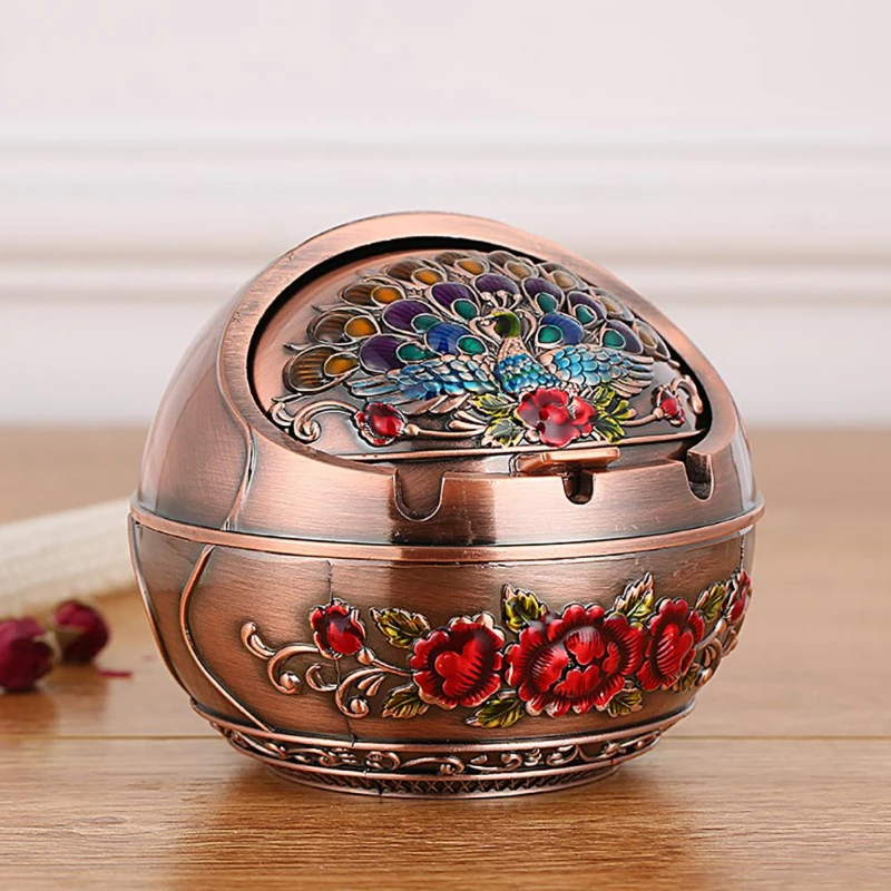 Creative Household Office Ancient Colored Peacock Shaped Metal Unique Ashtray Living Room Decoration Handicraft Round Ashtray