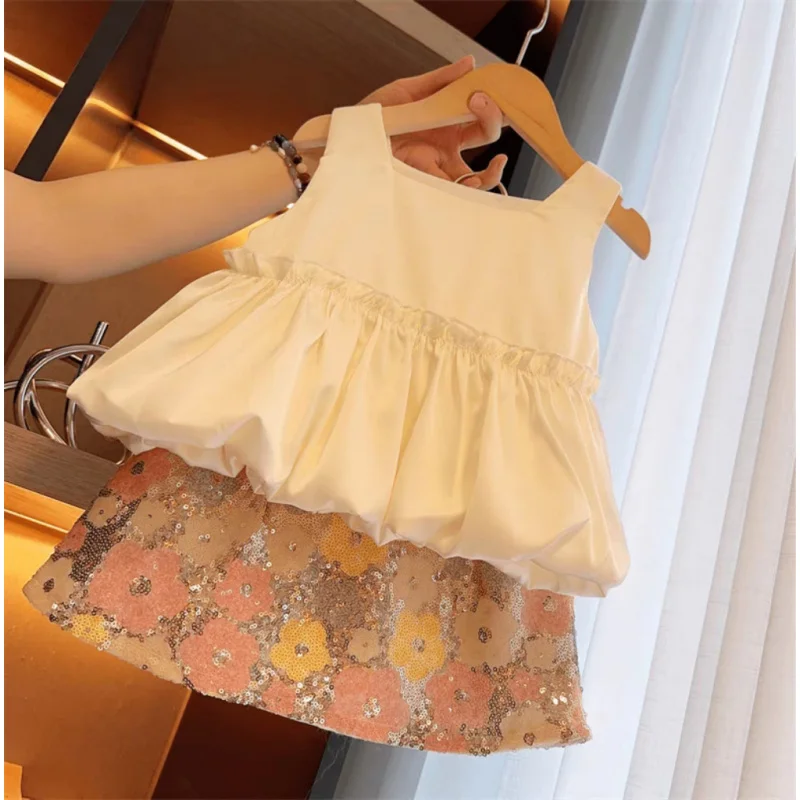 

Girls' Summer Camisole Set2026New style casual vest and short-sleeve summer sequin dress two-piece set for baby girls
