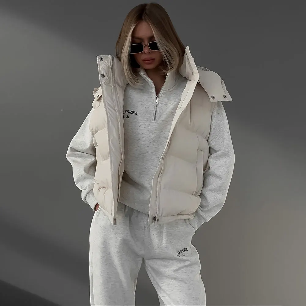 Cotton Vests Sleeveless Jacket Puffer Coat Women Hooded Parkas Warm Covered Button Zipper Streetwear Autumn Winter Waistcoat