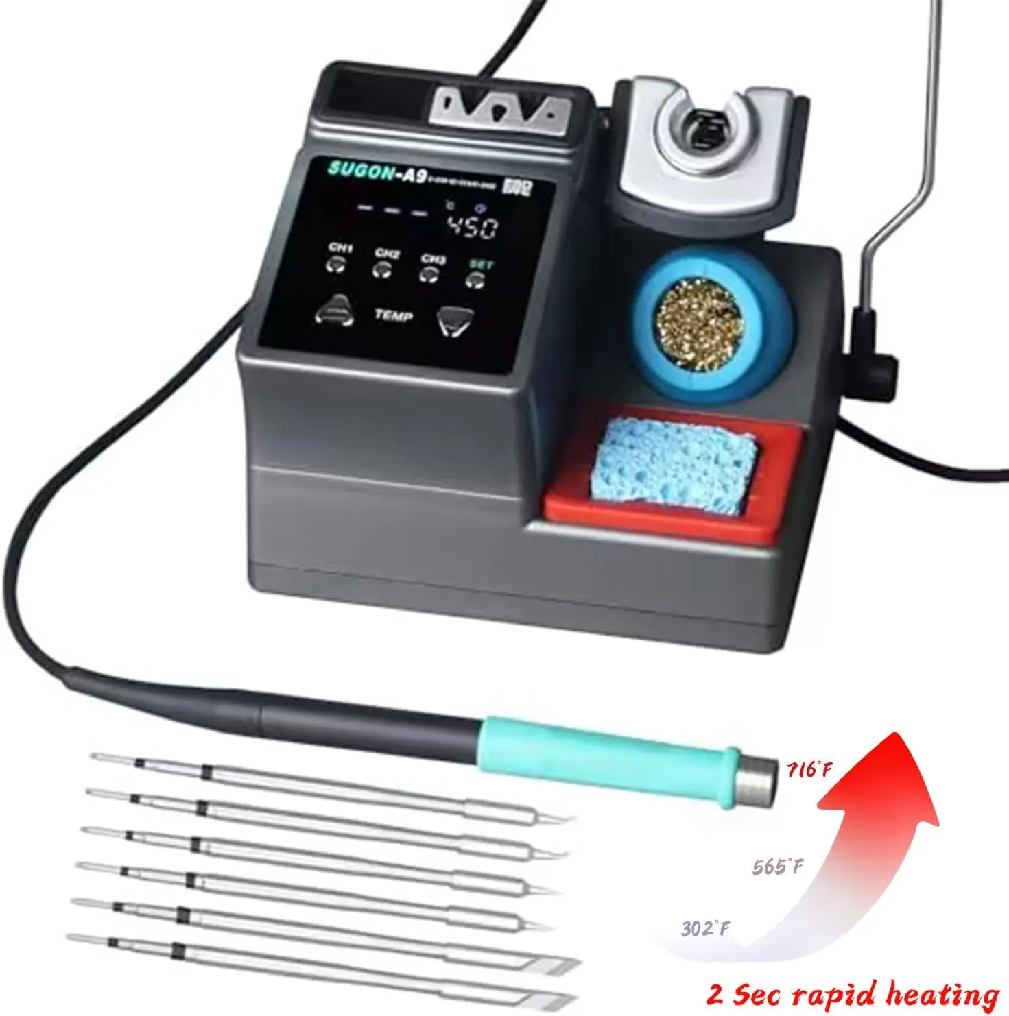 Estación de soldadura digital SUGON A9 245, calentamiento rápido 3s, 110 V, 6 puntas, 212-842 ℉ , Estante de repuesto
