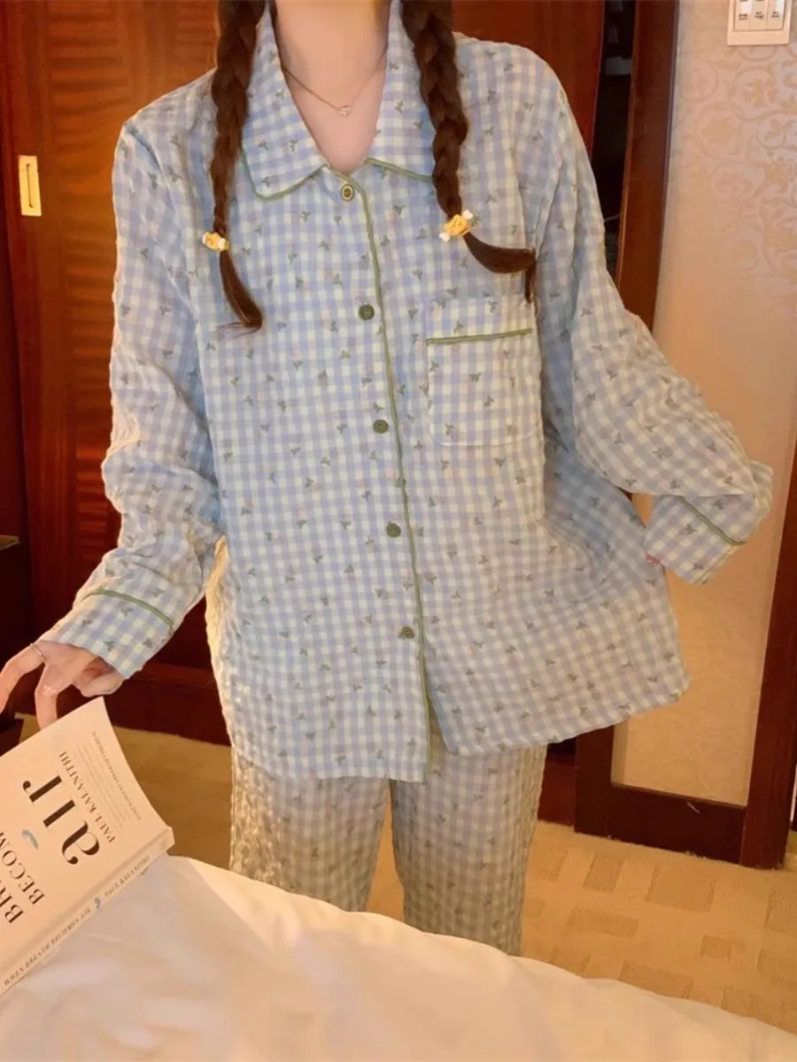 Plaid Pajamas for Women Sweet Casual Long Sleeve Sleepwear Loose Home Tender Soft Ulzzang Schoolgirls All-match Loungewear Daily