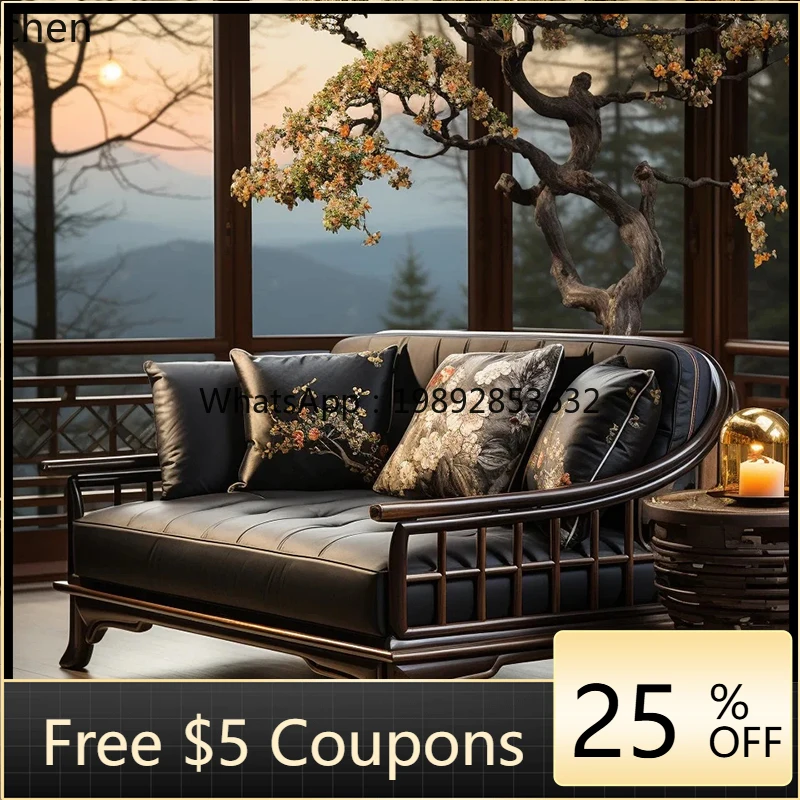 

new Chinese leather sofa living room villa wooden furniture