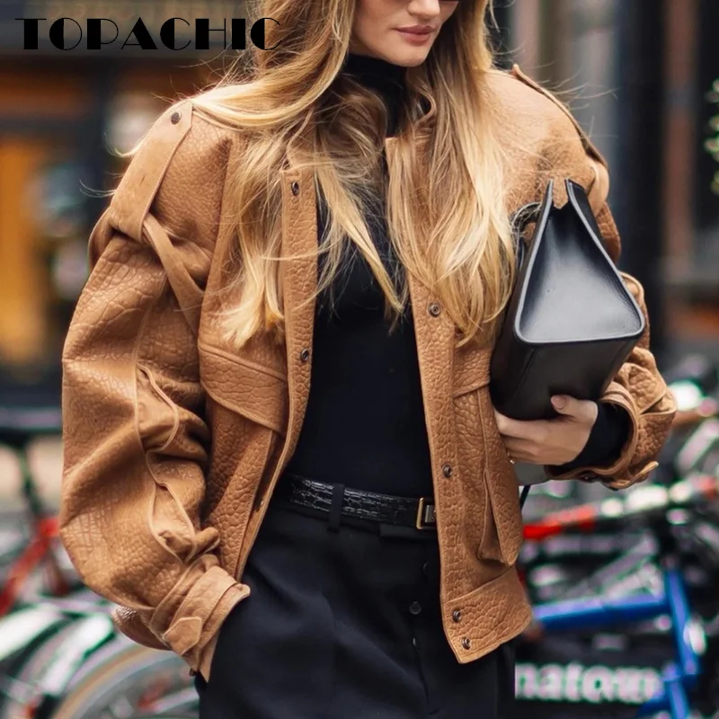 8.6 TOPACHIC Women Street Fashion Vintage Real Leather Jacket Men Women Same Epaulet Big Pocket Design Sheepskin Loose Coat