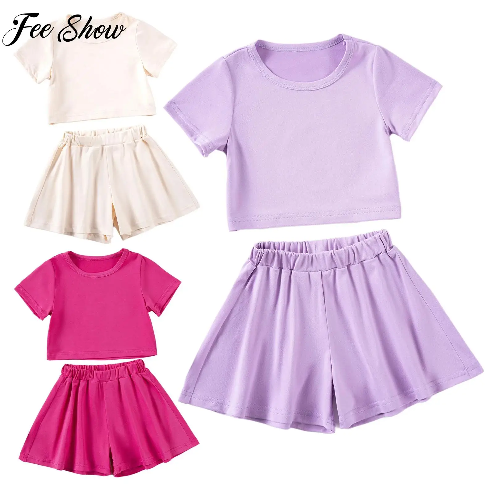 

Kids Girls 2-Piece Solid Color Sports Outfit Short Sleeve T-shirt with Stretchy Soft Shorts for Gym Yoga Dance Workout Fitness