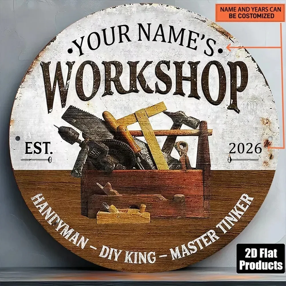 CIFbuy Round Workshop Metal Plaque,Personalized Custom Name Vintage Toolbox Handyman Garage Wall Ornament (Only For Decoration)
