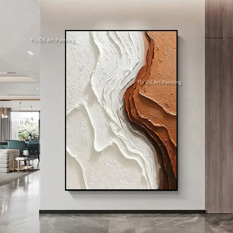 Abstract Thick Texture Oil Painting Handmade White Brown 3D Textured Wall Art Modern Minimalist Canvas Art For Home Decor