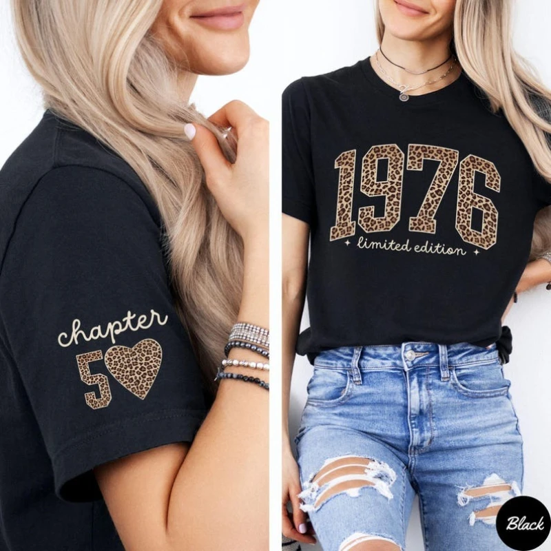 Custom Year 50th Birthday Gift for Women Leopard Print Chapter 1976 Trending Limited Edition Printed Tshirt Tops Short-sleev