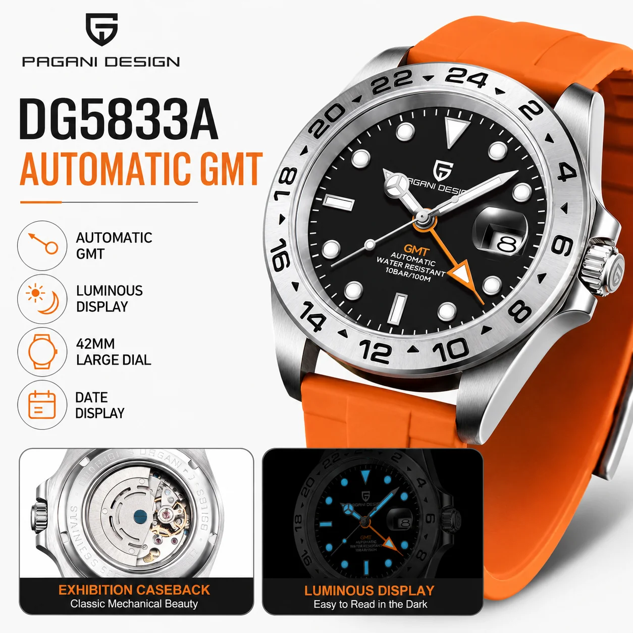 PAGANI DESIGN Original Men's Automatic Machinery 42MM Sapphire Stainless Steel Waterproof Reloj Hombre Pearl DG5833GMT
