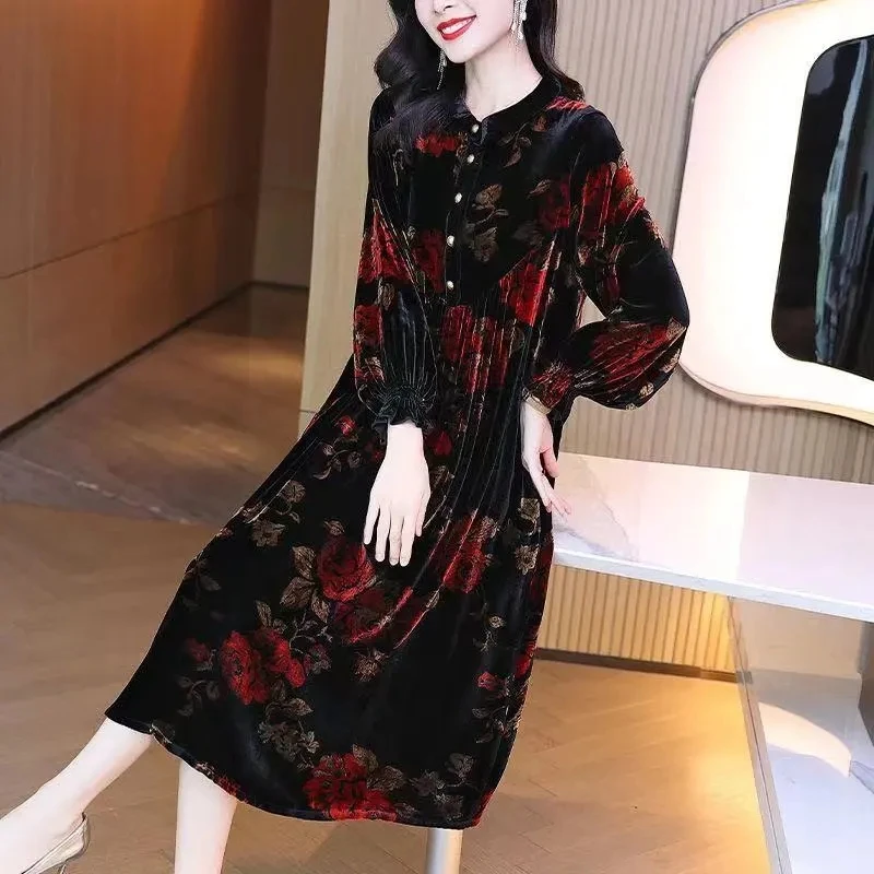 

5XL Gold Velvet Dress 2023 Spring Autumn Long-Sleeve High End Luxury A-line Dress Middle Aged Mother Floral Print Vestidos Mujer