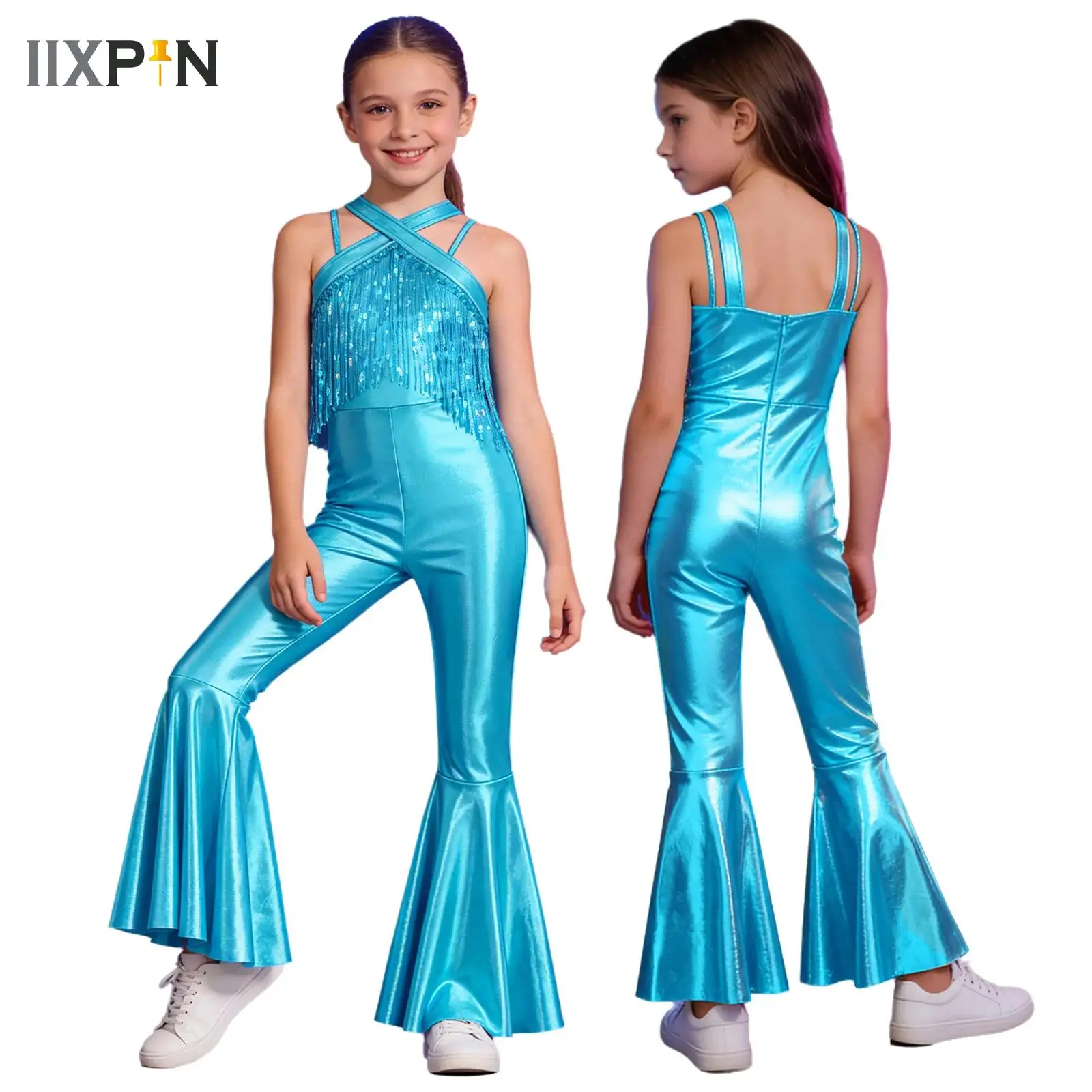 

Kids Girls Metallic Shiny Latin Dance Jumpsuit Sequins Tassels Sleeveless Bell Bottom Legs Jumpsuit for Jazz Disco Dance Parties