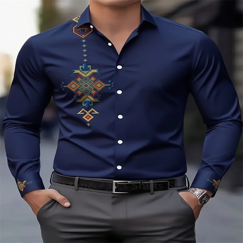 جديد الرجال العرقية القبلية نمط قميص مطبوع الرجعية عادية التلبيب كم طويل الأعمال قميص عطلة هدية الرجال بلايز #3