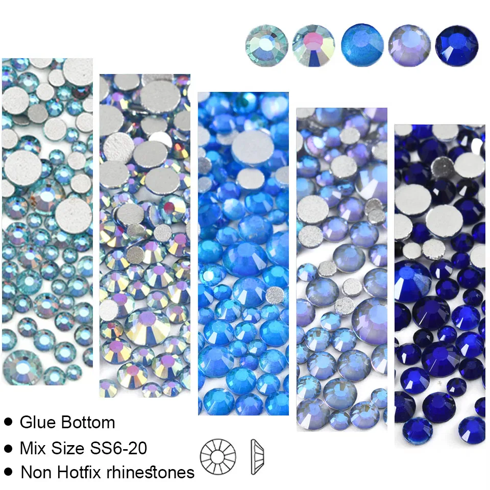 Mix SS6-SS20 Luxus Blaue Serie Glitzer Kristall Nicht-Hotfix Strass DIY Nägel Strass Diamanten für Kleider