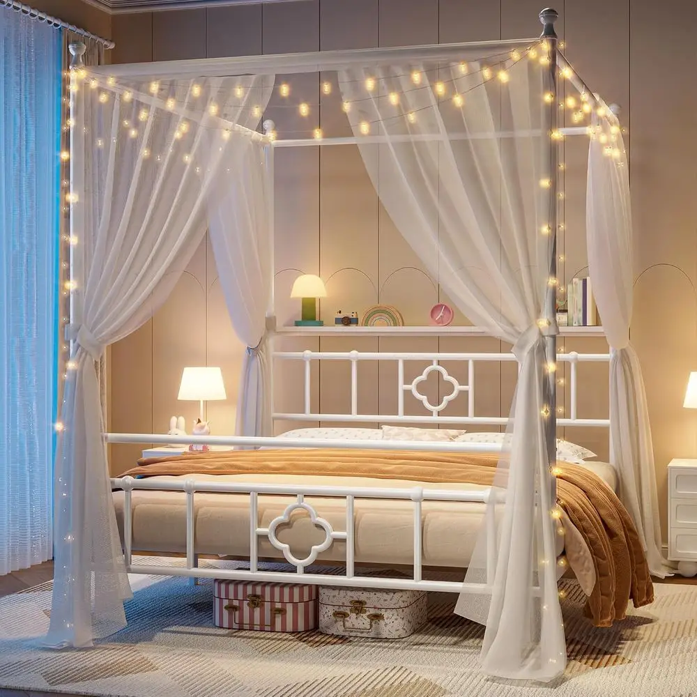 Queen Size Metal Platform Bed with Storage and Removable Posts, White