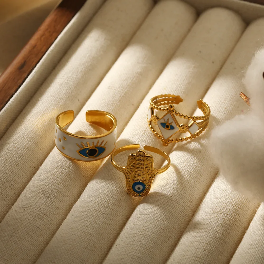 PRISCA | Women Evil Eye Open Rings 2024.Stainless Steel Dripping Finger Jewelry.18k Gold Document. Lucky Gifts.Fashion 2024