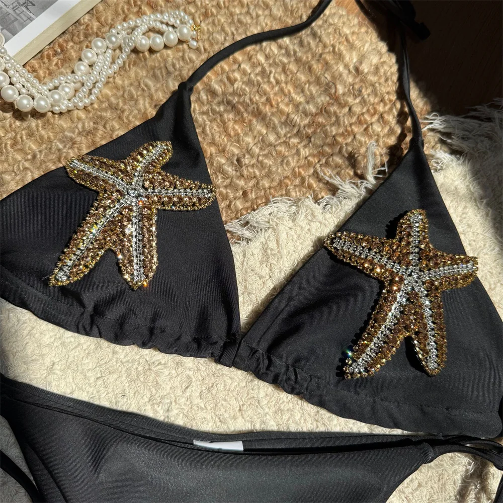 Biquíni de strass brilhante estrela do mar praia maiô corda rendas até roupa de banho feminina 2 peça praia biquinis roupa de férias
