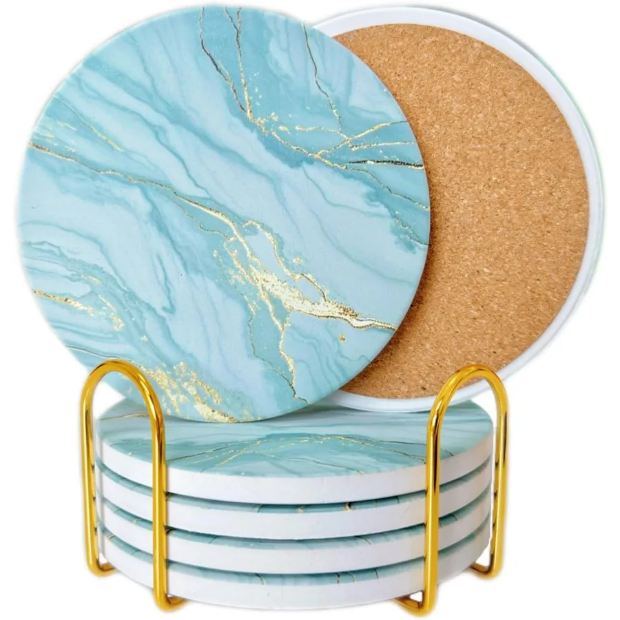 

6Pcs Drink Coasters with Holder Marble Ceramic Drink Coaster Absorbent Coasters Set Suitable for Kinds of Cups Modern Style Coa
