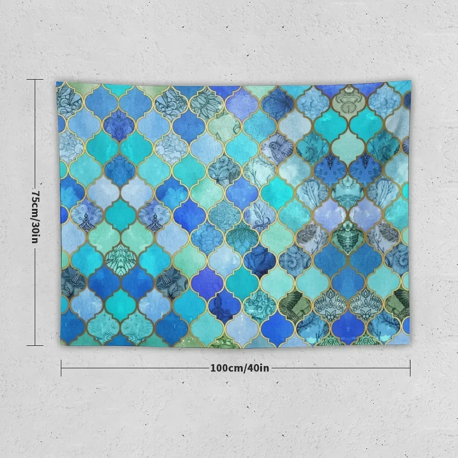 Cobalt Blue, Aqua & Gold Decorative Moroccan Tile Pattern Tapestry Room Decor Aesthetic Decor For Room Tapestry