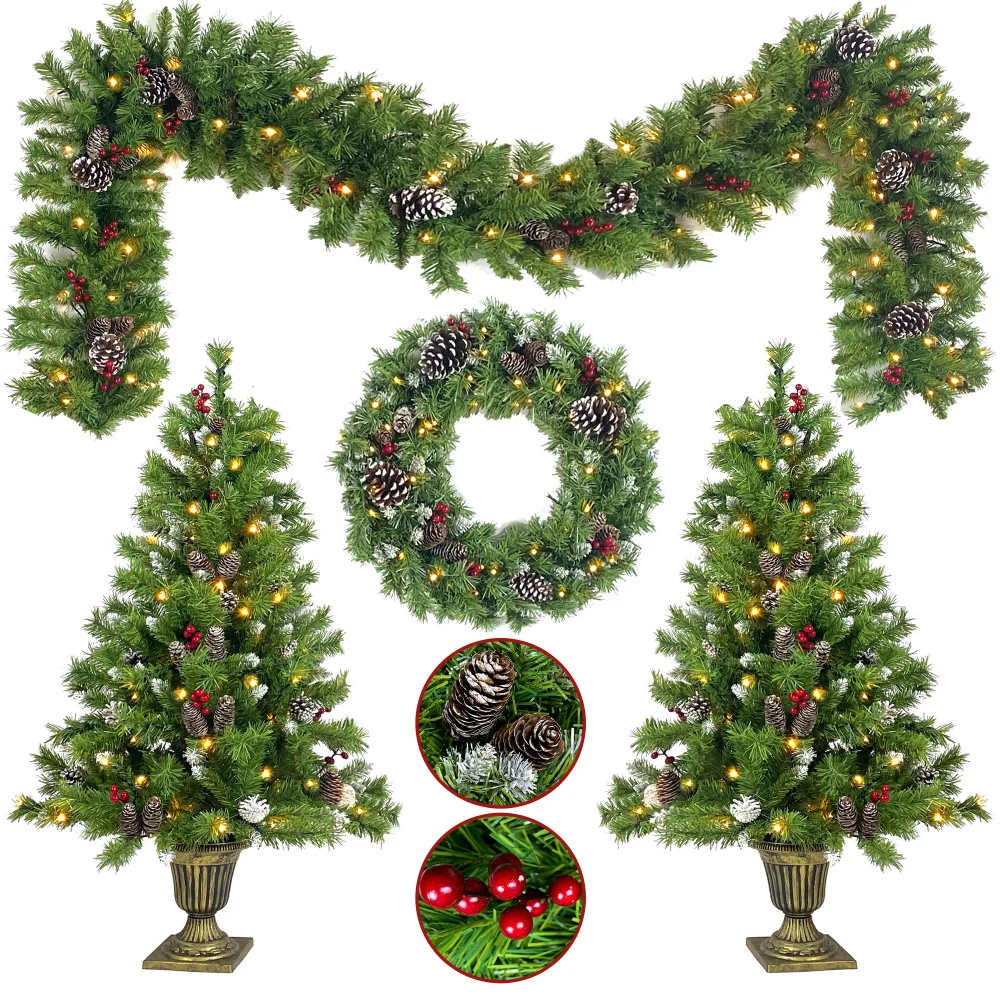 4PCS Pre-lit Xmas Tree Artificial Christmas ,Garland, Wreath and Set of 2 Entrance Trees X-mas with LED Lights, Christmas Tree