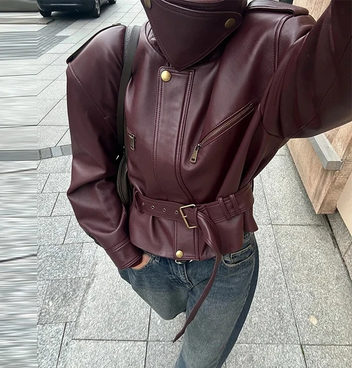 

Vintage Women's Leather Jacket Stand Collar Pocket Short Coat Retro Waistband Zipper Outwear